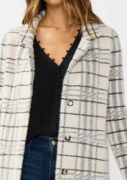 Plaid Notched Collar Button Front Cardigan: Cream/Black