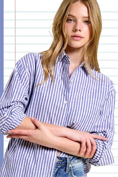 Collared Contrast Stripe Button Down Shirt: Denim