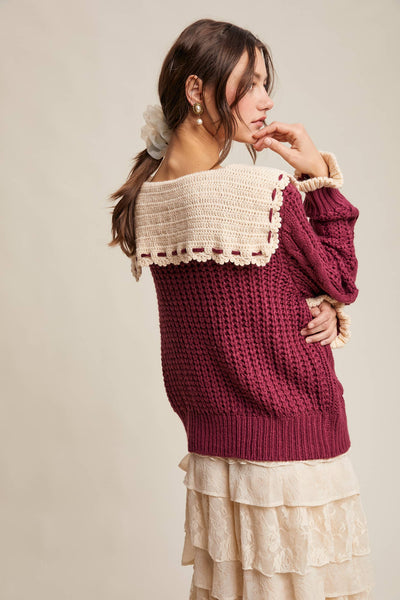 Two-Tone Crochet Collar Cable Knit Cardigan: Cranberry