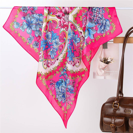 Vibrant Pink Floral Silk-Feel Scarf: Fuchsia