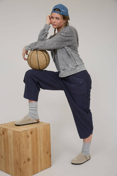 WASHED HOODED HENLEY KNIT SWEATER: BLACK