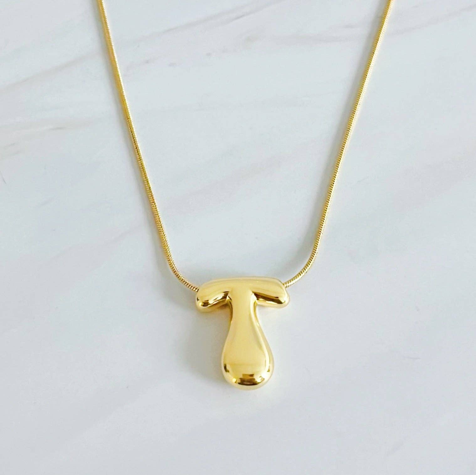 Balloon Letter Initial Necklace: Yellow Gold / T