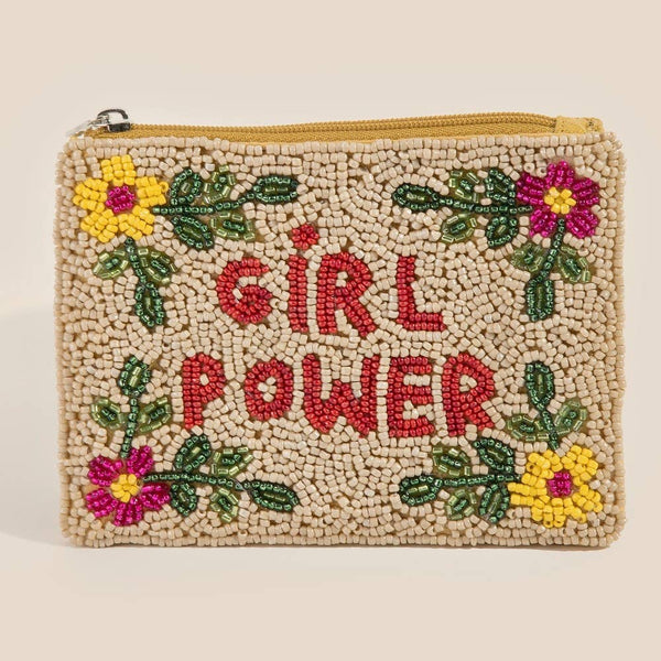 Floral Border Girl Power Seed Beaded Coin Purse: MULTI - Lulu Bella Boutique