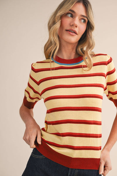 STRIPED SHORT SLEEVE SWEATER MSW11335: LEMON SIENNA / S - Lulu Bella Boutique