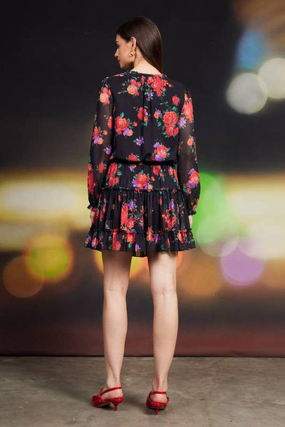 Floral Printed Ruffle Mini Dress: Black-Multi - Lulu Bella Boutique