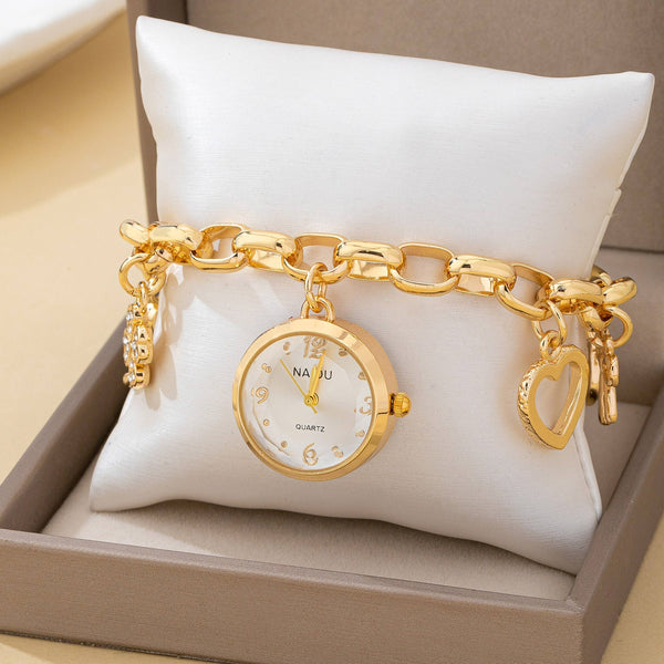 ROUND DIAL CHARM CLOVER HEART BRACELET WATCH | 80W016: Gold White - Lulu Bella Boutique