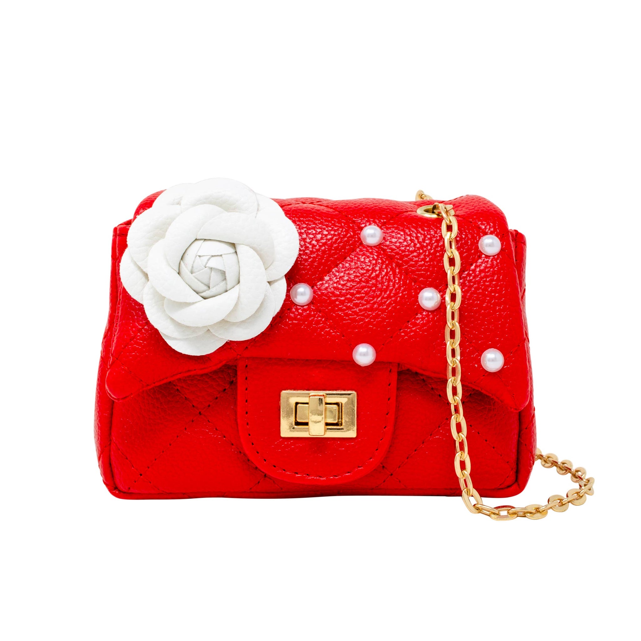 Classic Quilted Flower Pearl Handbag: Red