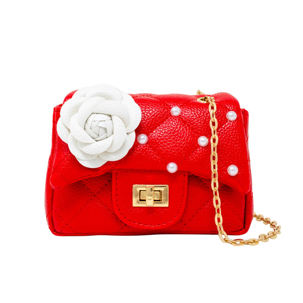 Classic Quilted Flower Pearl Handbag: Red