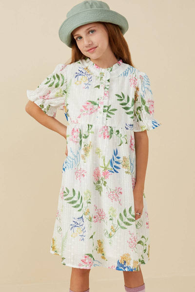 Girls Embroidered Textured Botanical Buttoned Dress: Off White