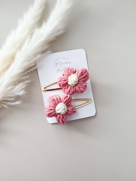 Crochet Flowers Hair Clips & Headbands: Tan & Brown Flower / Pigtail Set - Lulu Bella Boutique