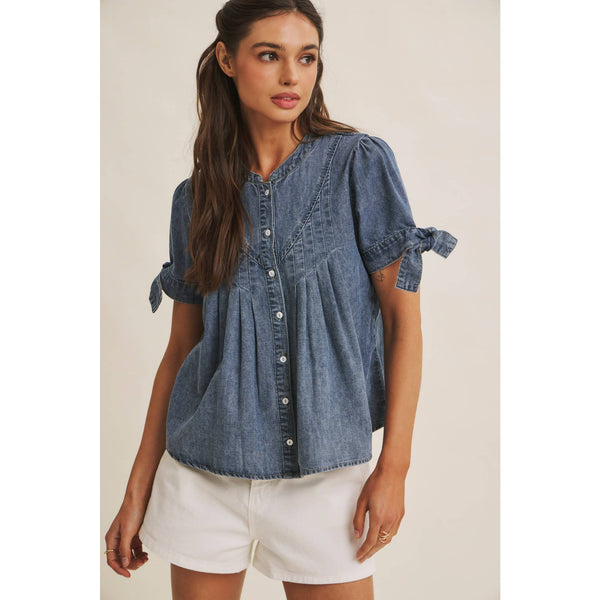 SUNNY DAY MINERAL-WASHED DENIM PINTUCK SHIRT WITH TIE SLVS: WASHED DENIM / S - Lulu Bella Boutique