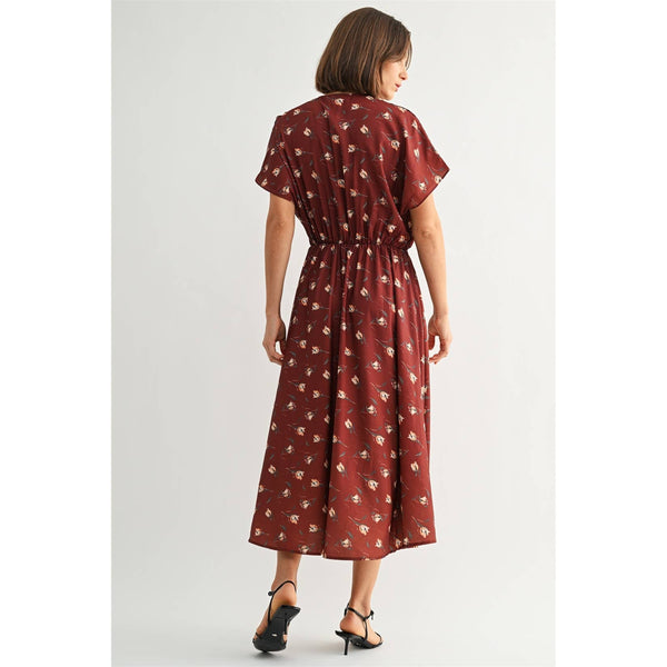 FLOWER PRINTED CRINKLE SATIN DRESS: Rust