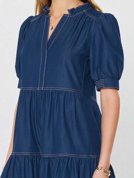 Denim Tiered Short Sleeve Mini Dress: Denim / XS - Lulu Bella Boutique