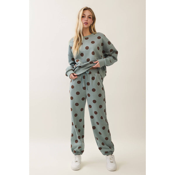 Polka Dot Crew Neck Sweatshirt: Sage/Brown