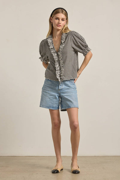 Gingham Lace Ruffle Blouse - RT1172: BLACK GINGHAM / S-M-L (3-2-1) - Lulu Bella Boutique