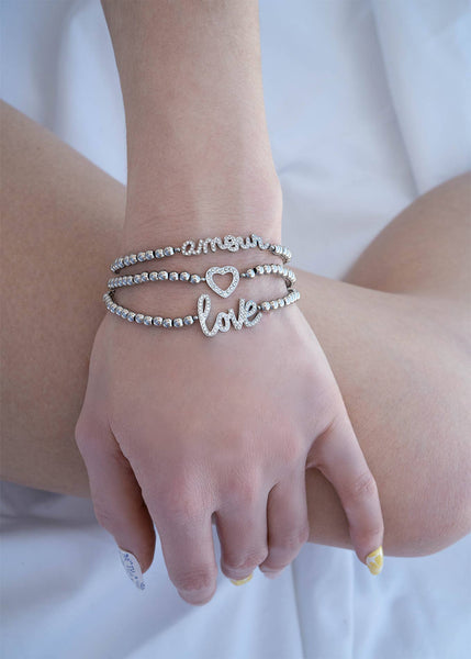 18K Gold PVD Stainless Steel Stone Heart Metal Beaded Stretch Bracelet: Gold