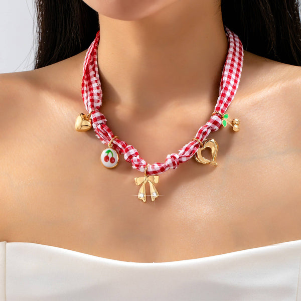 Red Gingham Scarf Charm Necklace | 80N93086: Gold - Lulu Bella Boutique