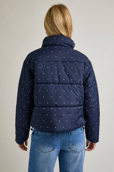 FLORAL DOT PRINTED PUFFER JACKET: NAVY-BUTTER DOT