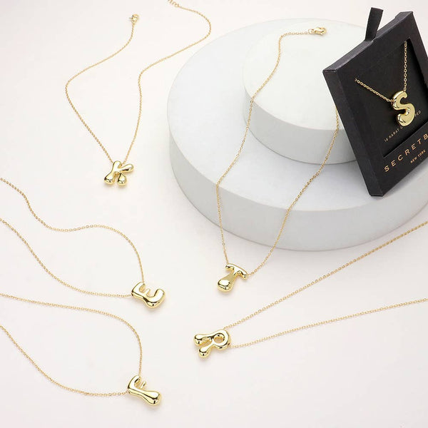 SECRET BOX_ 14K Gold Dipped Bubble Initial Pendant Necklace
: E