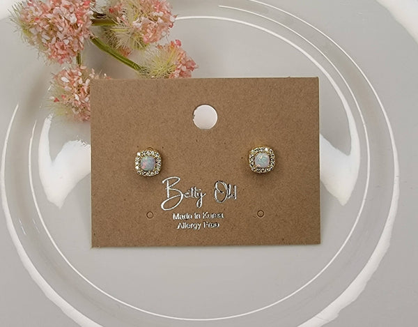 LAB GROWN OPAL STUD EARRINGS.: LIGHT BLUE OPAL/GOLD / Medium - Lulu Bella Boutique