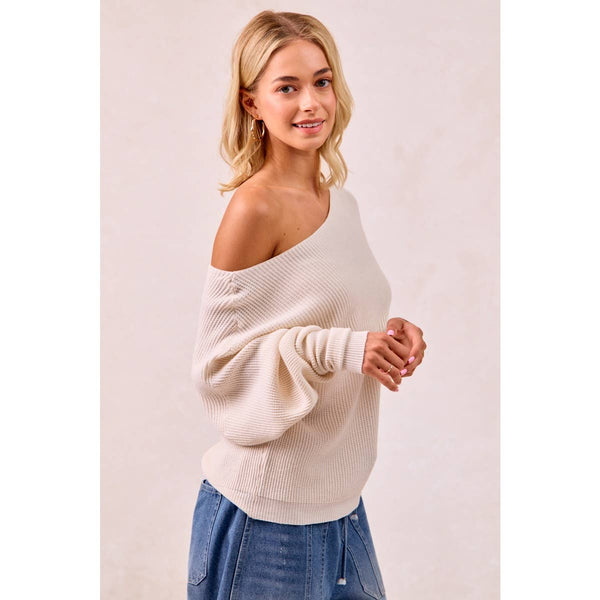 WAFFLE KNIT OFF SHOULDER TOP: IVORY / S - Lulu Bella Boutique