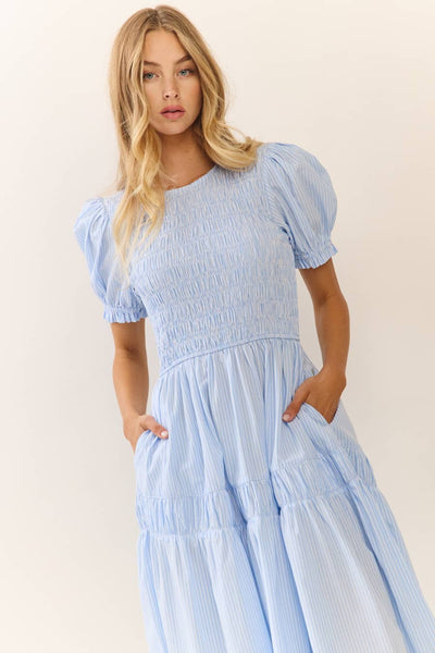 Smocked Bodice Midi Dress : LT Blue / S - Lulu Bella Boutique