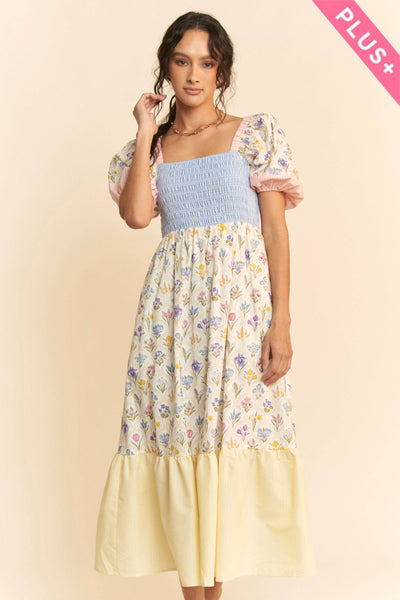 PLUS FLORAL BOUQUET PUFF SLEEVE TIERED DRESS: PASTEL YELLOW MULTI / 1XL - Lulu Bella Boutique