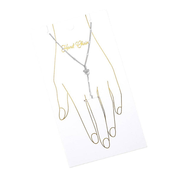 Delicate Flower Charm Accent Hand Chain Bracelet: Clear,Rhodium - Lulu Bella Boutique