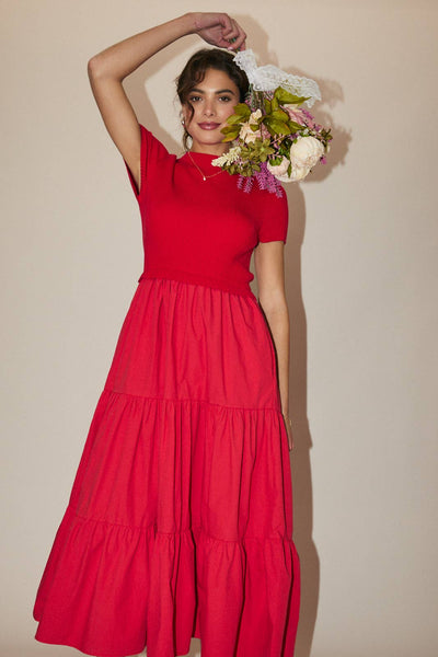 MOCK NECK SHORT SLEEVE KNIT & WOVEN MIX TIERED MIDI DRESS: Red