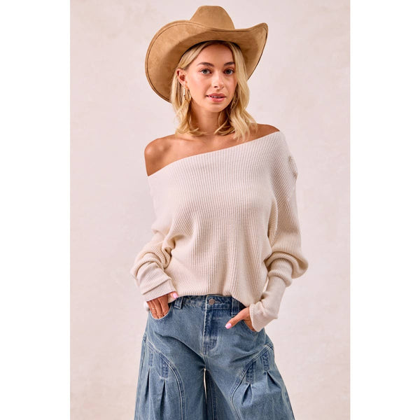 WAFFLE KNIT OFF SHOULDER TOP: IVORY / S - Lulu Bella Boutique