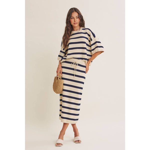 WEEKEND IN CANNES SOFT DRAPE COTTON STRIPE SET: NATURAL/NAVY