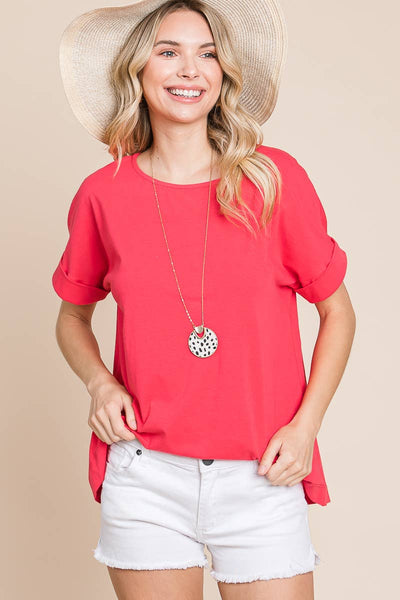 Plus Size Solid Cotton Casual Top: 2XL / Coral