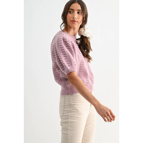 TEXTURED PUFF SLEEVE KNIT SWEATER: MAUVE