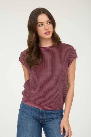 WASHED KNIT SHORT TAB SLEEVE PULLOVER SWEATER: BURGUNDY - Lulu Bella Boutique