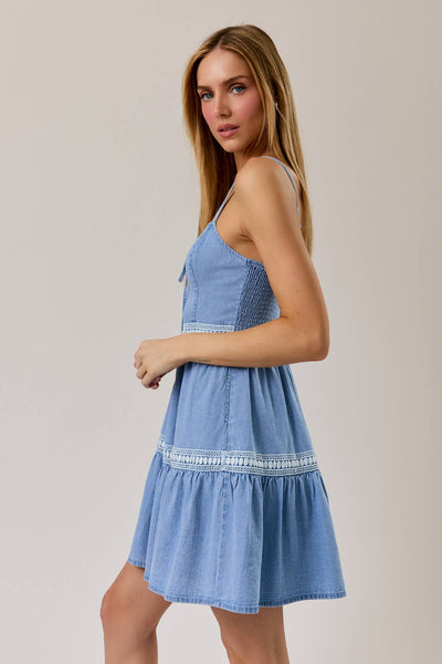 SLEEVELESS LACE INSERTED FIT & FLARE DENIM DRESS: DENIM / S - Lulu Bella Boutique