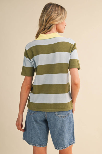 STRIPED SWEATER KNIT SHORT SLEEVE POLO MSW11339: BLUE SAGE / S - Lulu Bella Boutique