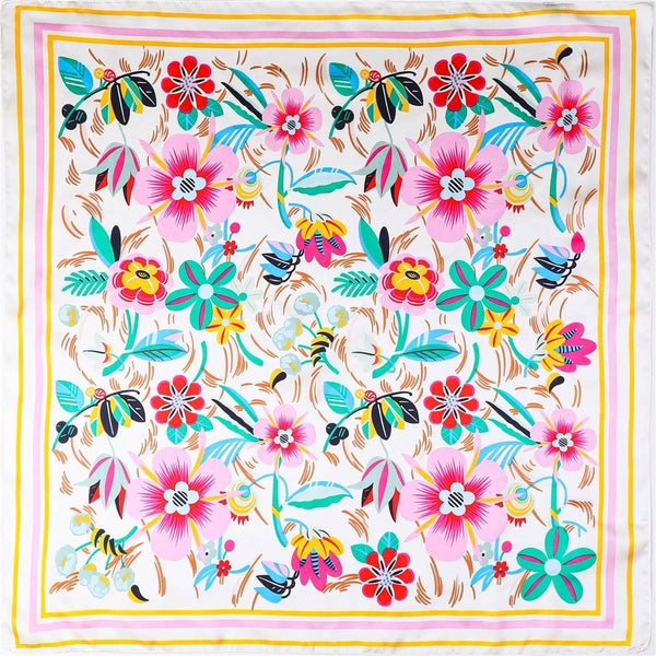 Multi-Color Floral Silk-Feel Scarf: Off White