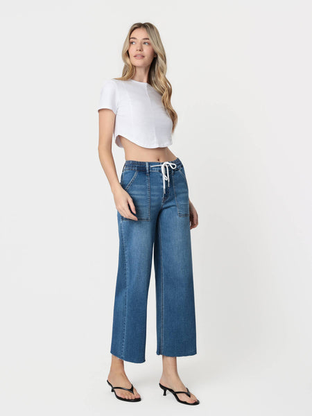 HIGH RISE SUPER SOFT FABRIC DRAWSTRING BAGGY WIDE JEANS