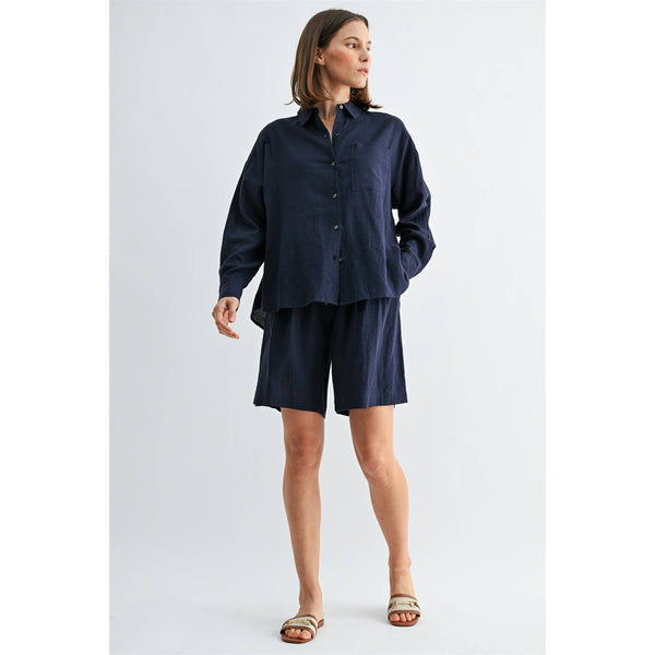 LINEN DROP SHOULDER SHIRT: Navy / S-M-L(2-2-2) - Lulu Bella Boutique