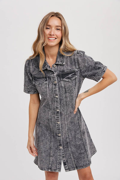 BUTTON UP DENIM DRESS: WASHED BLACK