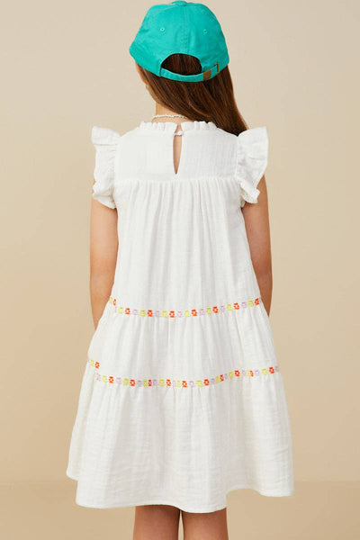 Girls Contrast Floral Lace Trim Ruffle Tank Dress: Off White / S - Lulu Bella Boutique