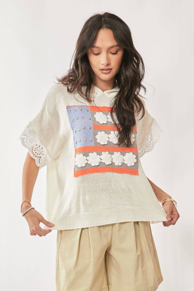 AMERICAN FLAG LOOSE FIT LACE SLEEVE HOODIE TOP: IVORY WHITE / L - Lulu Bella Boutique