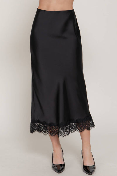 Mid-rise Lace Trim Satin Midi Skirt: BLACK