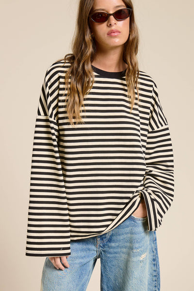 Striped Terry Oversized Long Sleeve Top: Black / S - Lulu Bella Boutique
