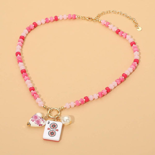 Mahjong Tile Charm Pearl Floral Bead Ball Charm Pendant Beaded Necklace: Blue,Gold