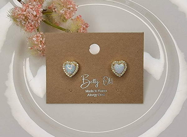 HEART SHAPE SEMI PRECIOUS STONE POST EARRINGS.: PINK OPAL - Lulu Bella Boutique