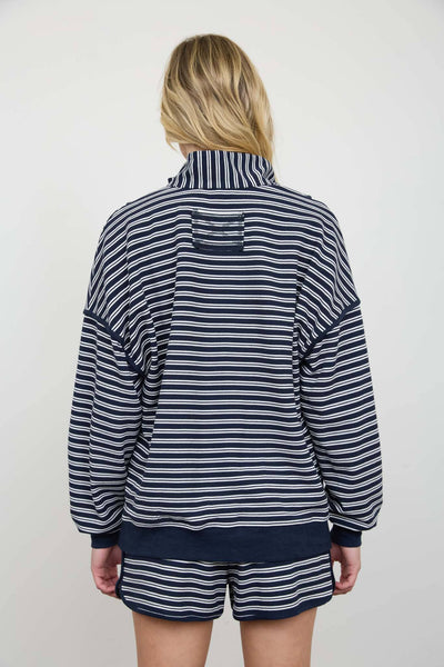 HALF ZIP STRIPE CONTRAST TRIM LONG SLEEVE KNIT TOP: NAVY