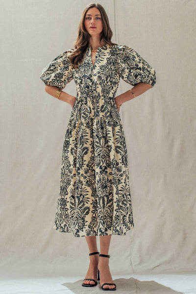 Botanical Puff Sleeve Cotton Midi Dress: IVORY BLACK / S-M-L:2-2-2 - Lulu Bella Boutique