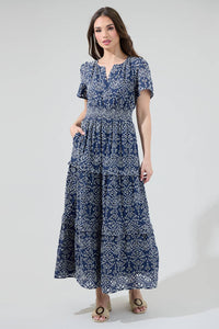 Viridiana Floral Eyelet Palmer Poplin Tiered Maxi Dress: DenimBlue / S - Lulu Bella Boutique