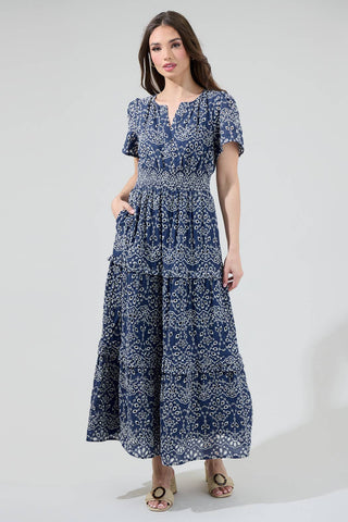Viridiana Floral Eyelet Palmer Poplin Tiered Maxi Dress: DenimBlue / XL - Lulu Bella Boutique
